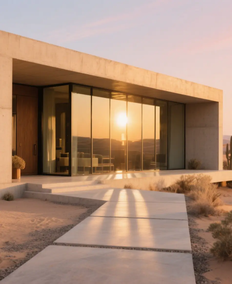 Modern concrete house with large glass windows reflecting the setting sun, surrounded by desert landscape with sand and sparse vegetation.