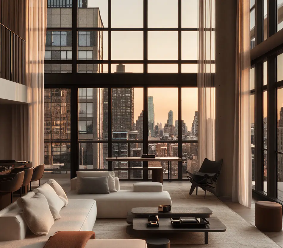 Modern living room with large floor-to-ceiling windows showing a city skyline at sunset, featuring white sectional sofa, dark coffee tables, and sheer curtains.