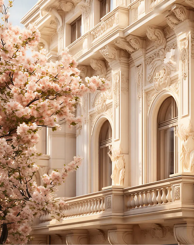 Close-up of an ornate beige building facade with detailed classical architectural elements, arched windows, sculpted figures, and a balcony, beside a tree with light pink blossoms.